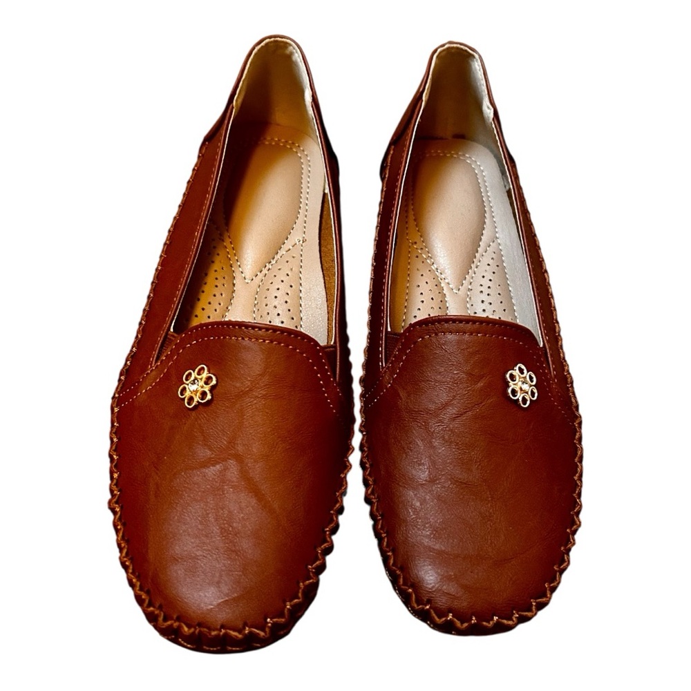 Women's Brown Slip-On Loafers with Decorative Gold Accent